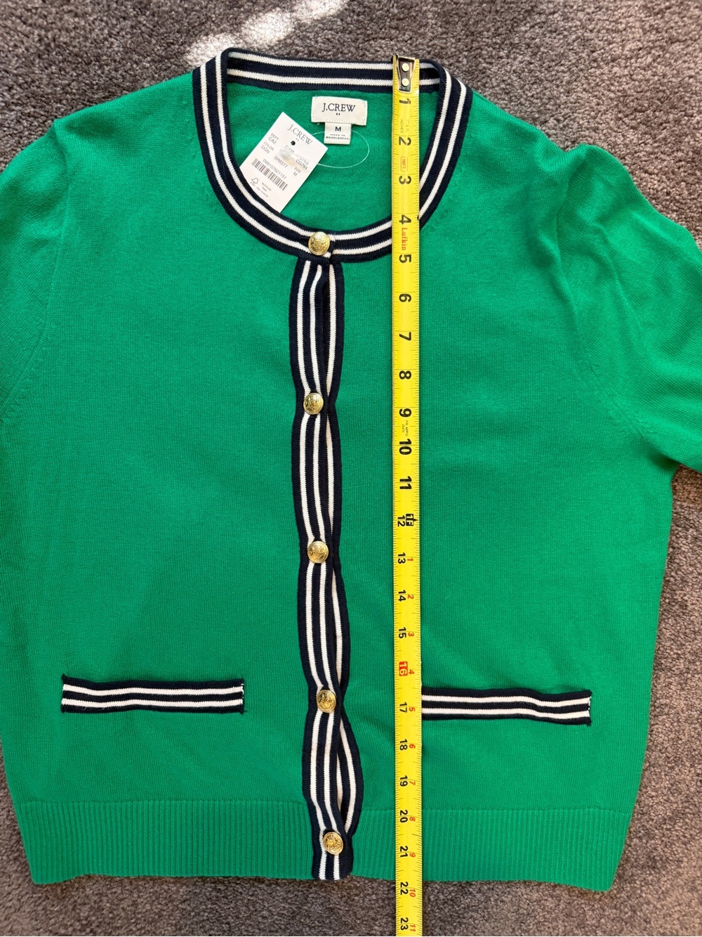 Women’s J. Crew Green Crewneck Cardigan with Navy Stripe Trim - Picture 5 of 8